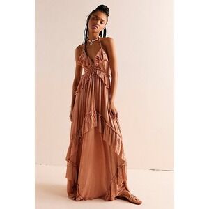 Free People Extratropical Maxi Dress Tuscany Taupe Ruffle Tiered XS New